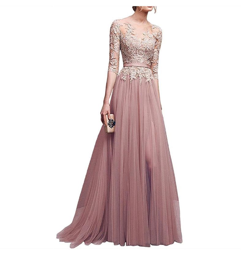 Floral 3/4-Sleeve Boat Mesh Back Gown Evening A-Line Open Embroidered Neck