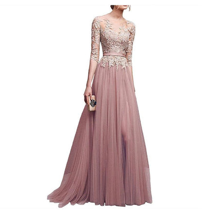 Floral 3/4-Sleeve Boat Mesh Back Gown Evening A-Line Open Embroidered Neck