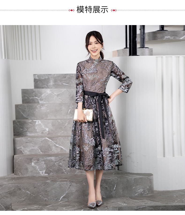 Collar 3/4-Sleeve Cocktail Midi Dress Embroidered Floral A-Line Stand