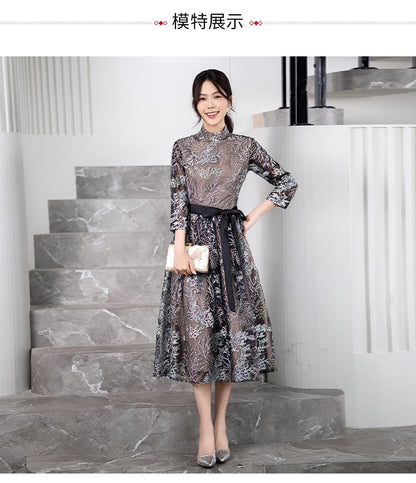 Collar 3/4-Sleeve Cocktail Midi Dress Embroidered Floral A-Line Stand