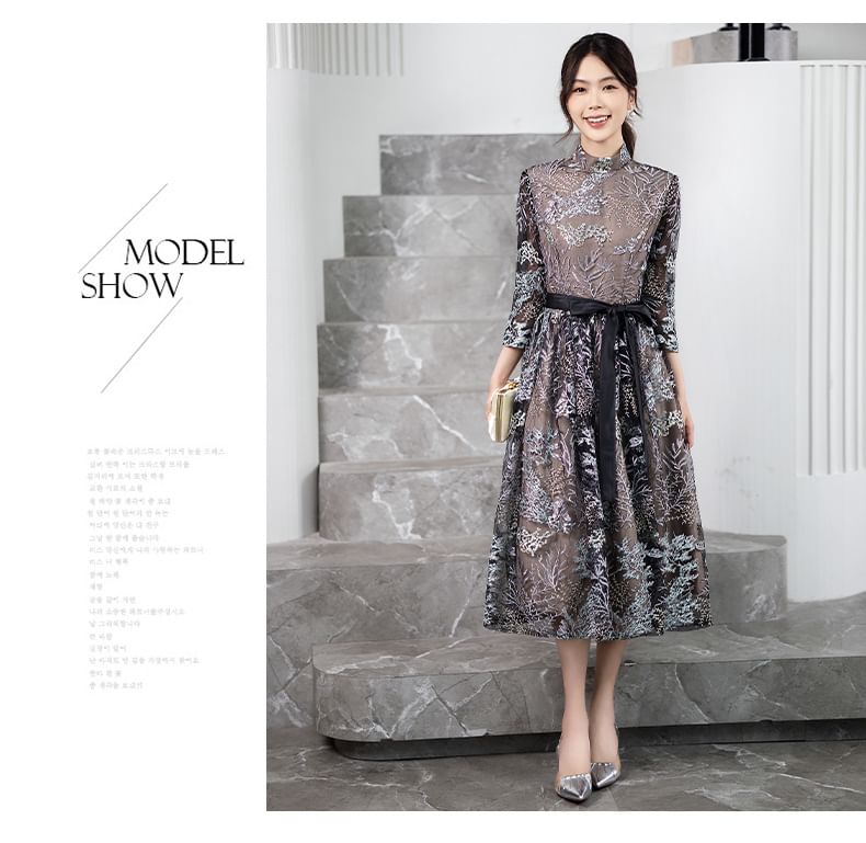Collar 3/4-Sleeve Cocktail Midi Dress Embroidered Floral A-Line Stand