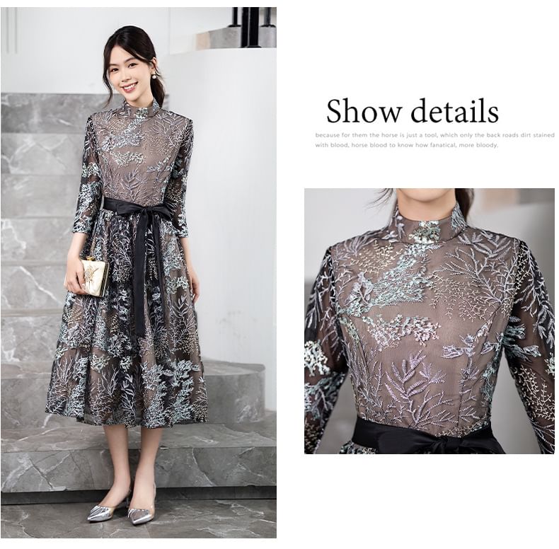 Collar 3/4-Sleeve Cocktail Midi Dress Embroidered Floral A-Line Stand