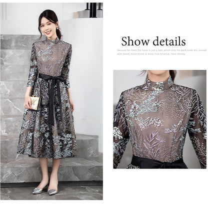 Collar 3/4-Sleeve Cocktail Midi Dress Embroidered Floral A-Line Stand