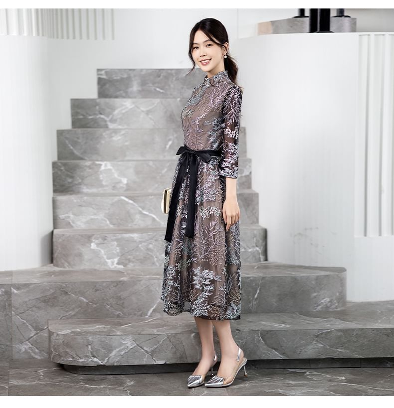 Collar 3/4-Sleeve Cocktail Midi Dress Embroidered Floral A-Line Stand