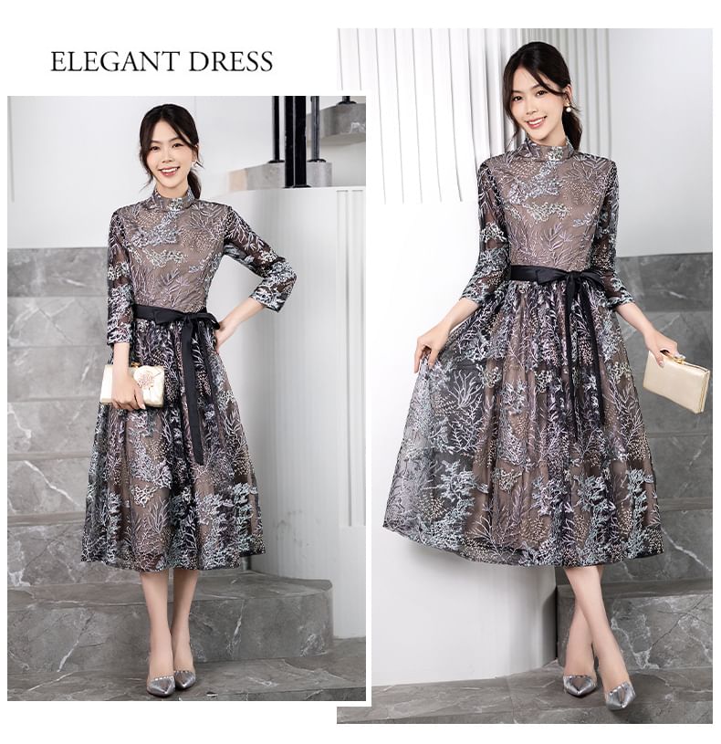 Collar 3/4-Sleeve Cocktail Midi Dress Embroidered Floral A-Line Stand