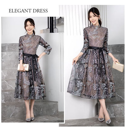 Collar 3/4-Sleeve Cocktail Midi Dress Embroidered Floral A-Line Stand