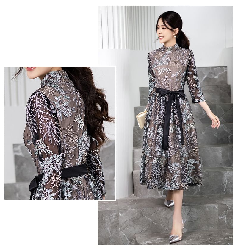 Collar 3/4-Sleeve Cocktail Midi Dress Embroidered Floral A-Line Stand