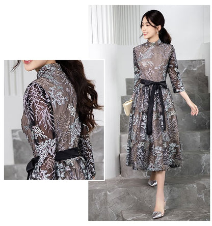 Collar 3/4-Sleeve Cocktail Midi Dress Embroidered Floral A-Line Stand