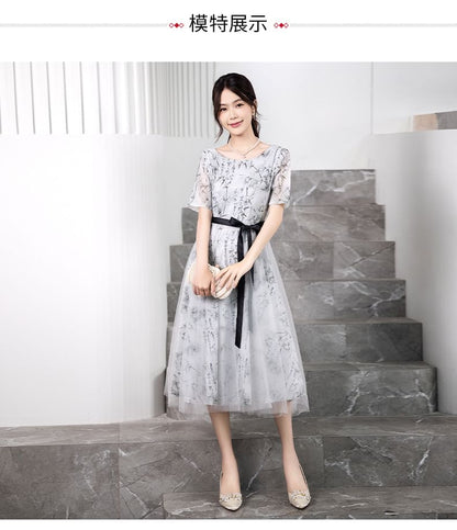 Elbow-Sleeve Crew Neck Bamboo Print Open Back Mesh Midi A-Line Cocktail Dress