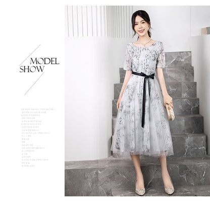 Elbow-Sleeve Crew Neck Bamboo Print Open Back Mesh Midi A-Line Cocktail Dress