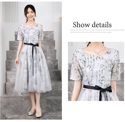 Elbow-Sleeve Crew Neck Bamboo Print Open Back Mesh Midi A-Line Cocktail Dress
