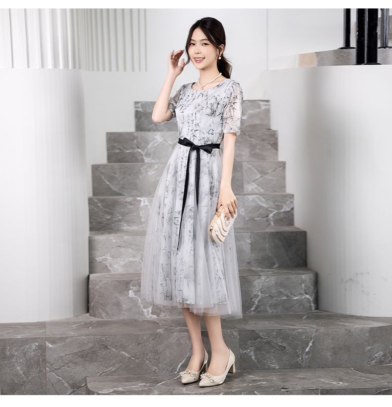 Elbow-Sleeve Crew Neck Bamboo Print Open Back Mesh Midi A-Line Cocktail Dress