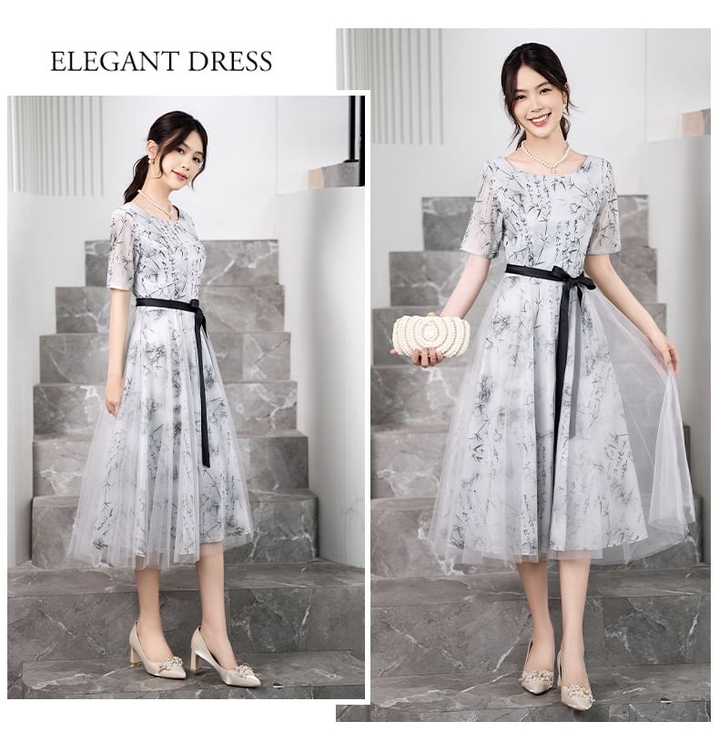 Elbow-Sleeve Crew Neck Bamboo Print Open Back Mesh Midi A-Line Cocktail Dress