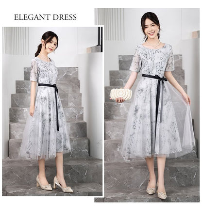 Elbow-Sleeve Crew Neck Bamboo Print Open Back Mesh Midi A-Line Cocktail Dress