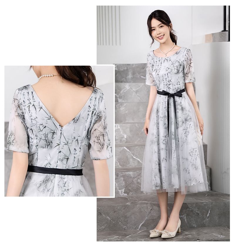 Elbow-Sleeve Crew Neck Bamboo Print Open Back Mesh Midi A-Line Cocktail Dress