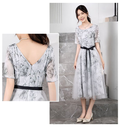 Elbow-Sleeve Crew Neck Bamboo Print Open Back Mesh Midi A-Line Cocktail Dress