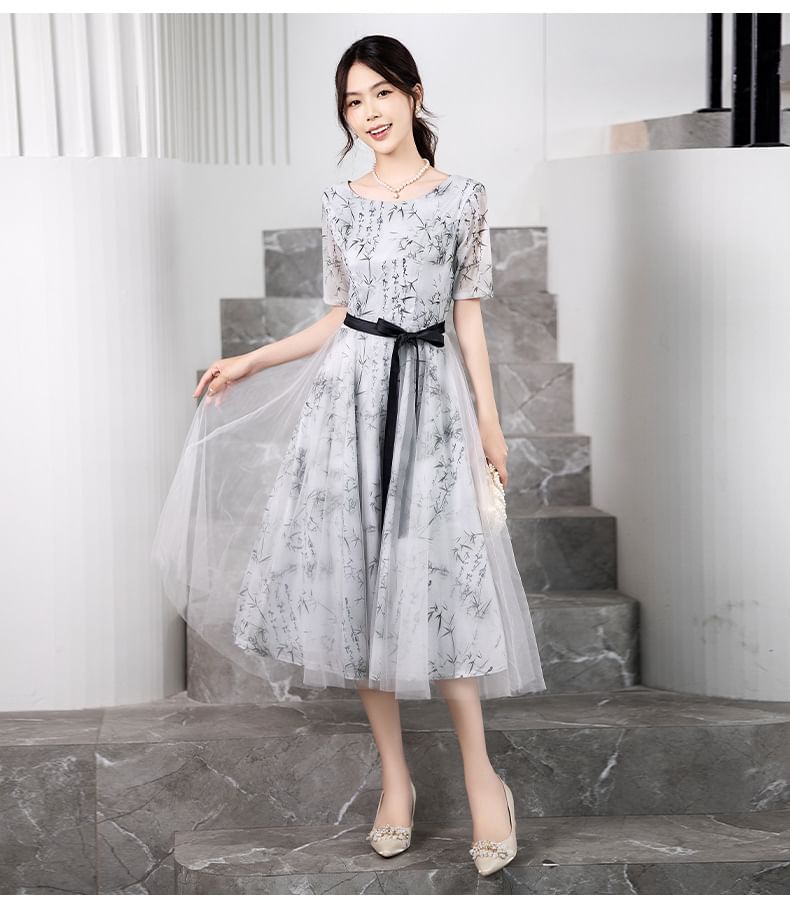 Elbow-Sleeve Crew Neck Bamboo Print Open Back Mesh Midi A-Line Cocktail Dress