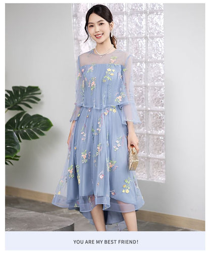 Long-Sleeve Crew Neck Floral Embroidered Mesh High Low A-Line Cocktail Dress