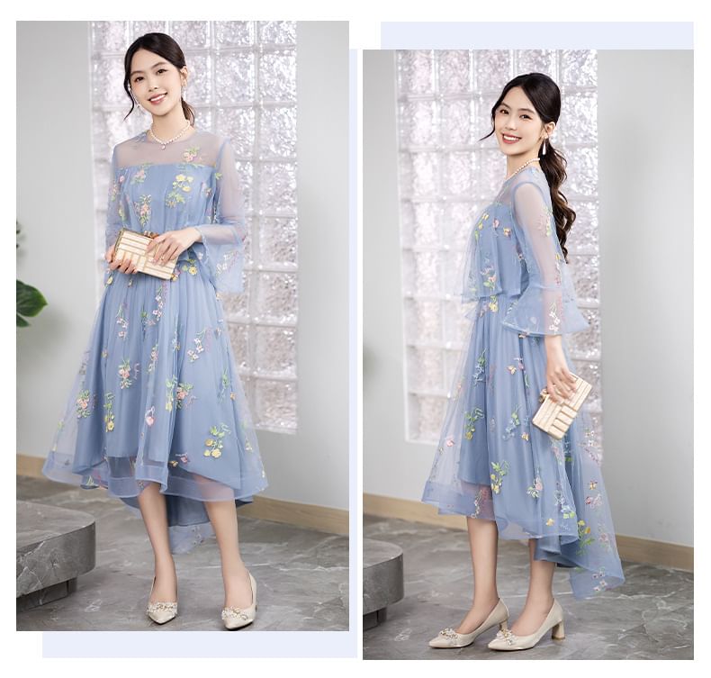Long-Sleeve Crew Neck Floral Embroidered Mesh High Low A-Line Cocktail Dress