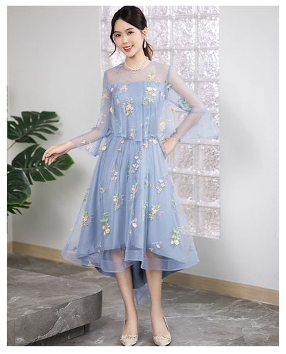 Long-Sleeve Crew Neck Floral Embroidered Mesh High Low A-Line Cocktail Dress
