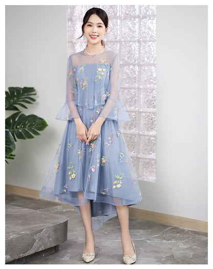 Long-Sleeve Crew Neck Floral Embroidered Mesh High Low A-Line Cocktail Dress
