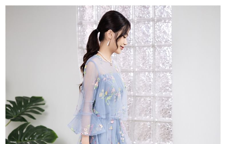 Long-Sleeve Crew Neck Floral Embroidered Mesh High Low A-Line Cocktail Dress