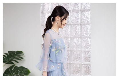 Long-Sleeve Crew Neck Floral Embroidered Mesh High Low A-Line Cocktail Dress