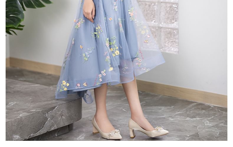 Long-Sleeve Crew Neck Floral Embroidered Mesh High Low A-Line Cocktail Dress