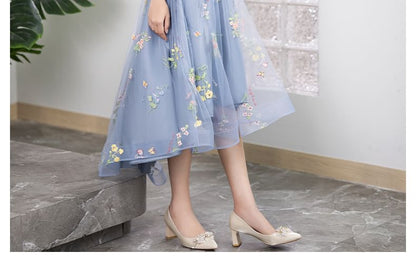 Long-Sleeve Crew Neck Floral Embroidered Mesh High Low A-Line Cocktail Dress