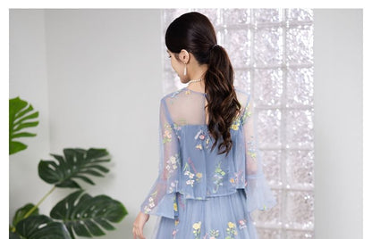 Long-Sleeve Crew Neck Floral Embroidered Mesh High Low A-Line Cocktail Dress