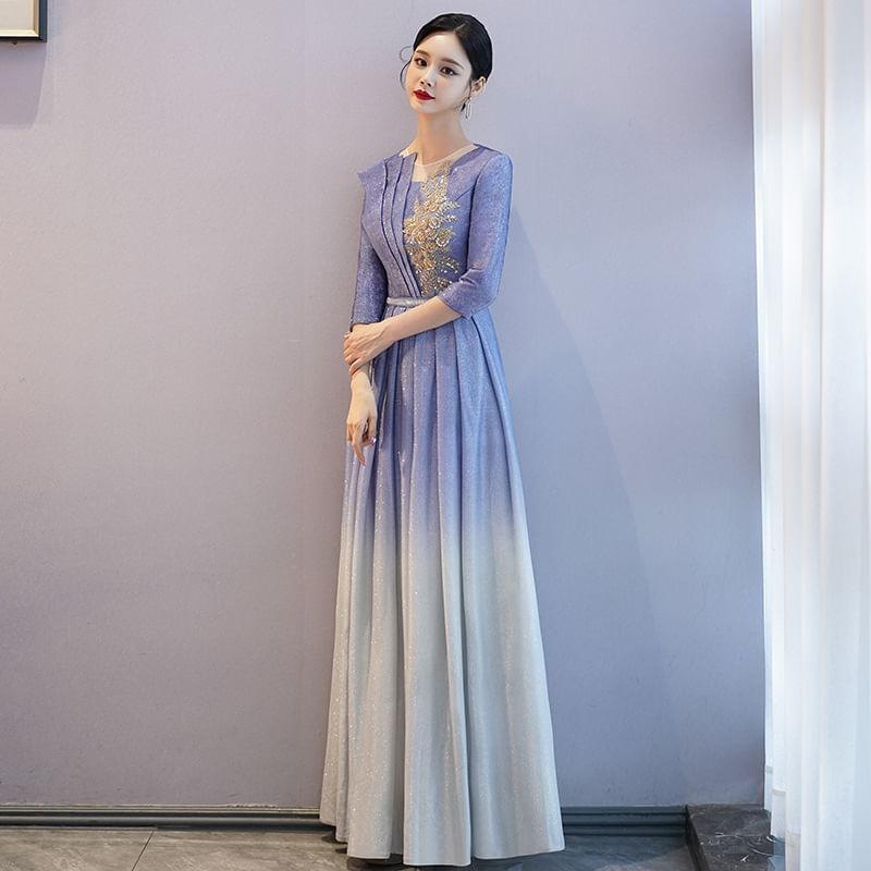 Gown Gradient A-Line Neck Pleated Evening Sequin Crew 3/4-Sleeve
