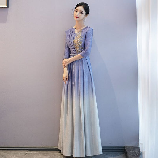 3/4-Sleeve Crew Neck Gradient Sequin Pleated A-Line Evening Gown