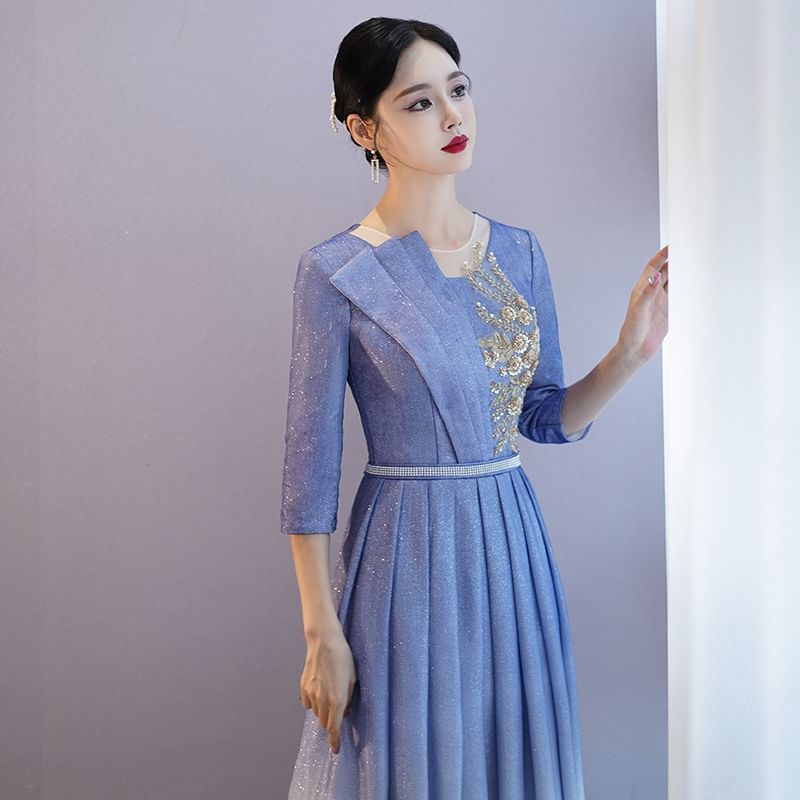 Gown Gradient A-Line Neck Pleated Evening Sequin Crew 3/4-Sleeve