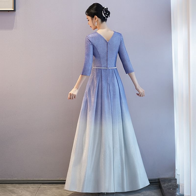 Gown Gradient A-Line Neck Pleated Evening Sequin Crew 3/4-Sleeve