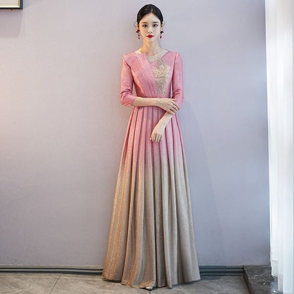 3/4-Sleeve Crew Neck Gradient Sequin Pleated A-Line Evening Gown
