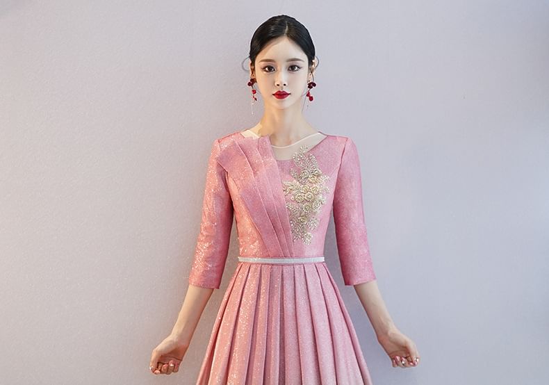 Gown Gradient A-Line Neck Pleated Evening Sequin Crew 3/4-Sleeve