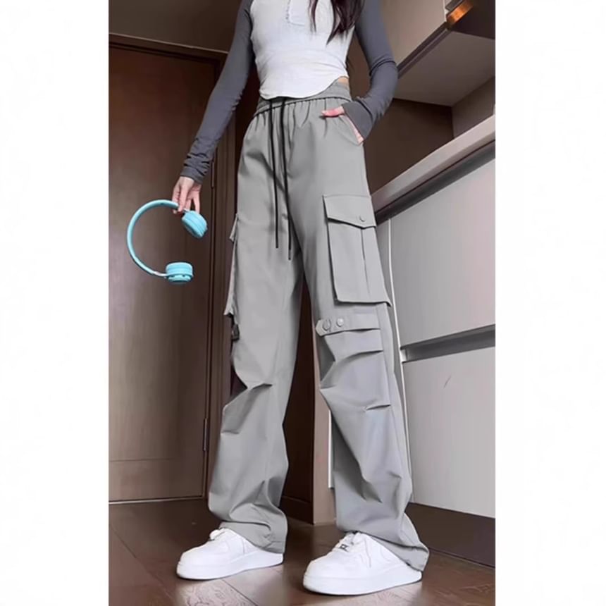 Drawstring Waist Plain Loose Fit Cargo Pants