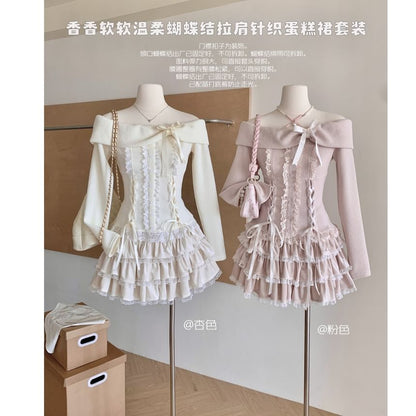 Set: Long Sleeve Off Shoulder Plain Bow Ruffle Lace Up Top + High Waist Tiered Mini A-Line Skirt