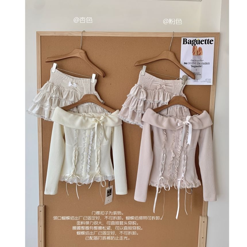 Set: Long Sleeve Off Shoulder Plain Bow Ruffle Lace Up Top + High Waist Tiered Mini A-Line Skirt