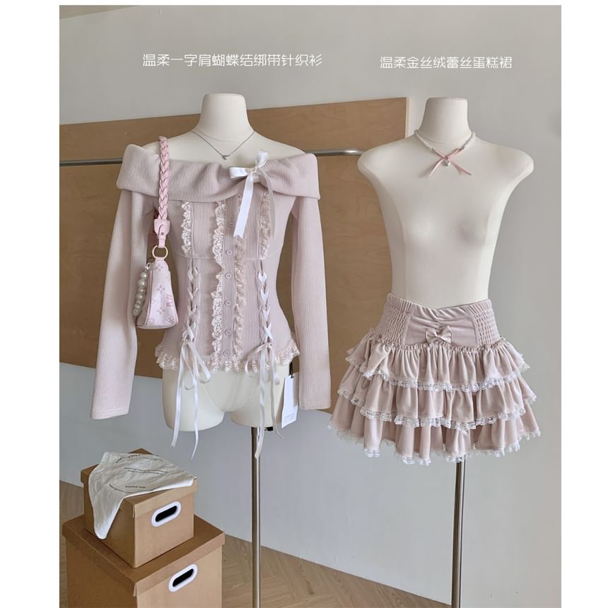 Set: Long Sleeve Off Shoulder Plain Bow Ruffle Lace Up Top + High Waist Tiered Mini A-Line Skirt