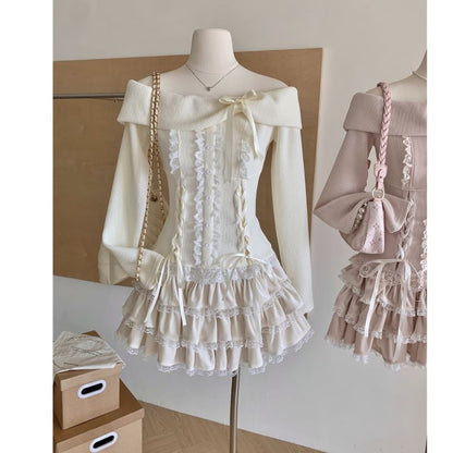 Set: Long Sleeve Off Shoulder Plain Bow Ruffle Lace Up Top + High Waist Tiered Mini A-Line Skirt