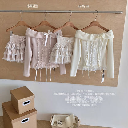 Set: Long Sleeve Off Shoulder Plain Bow Ruffle Lace Up Top + High Waist Tiered Mini A-Line Skirt