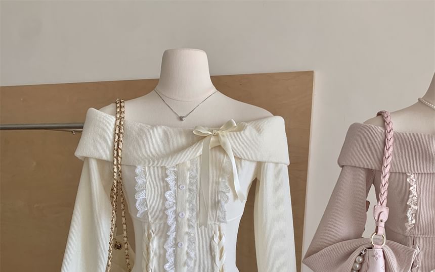 Set: Long Sleeve Off Shoulder Plain Bow Ruffle Lace Up Top + High Waist Tiered Mini A-Line Skirt