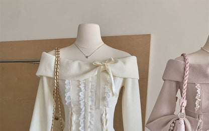 Set: Long Sleeve Off Shoulder Plain Bow Ruffle Lace Up Top + High Waist Tiered Mini A-Line Skirt