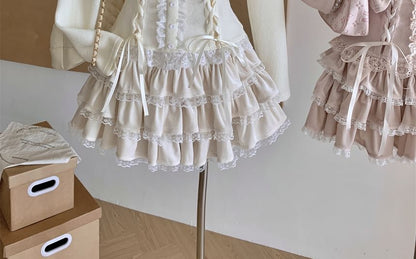 Set: Long Sleeve Off Shoulder Plain Bow Ruffle Lace Up Top + High Waist Tiered Mini A-Line Skirt