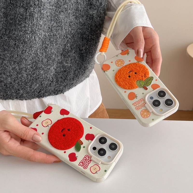 Fruit Embroidered Strap Phone Case - iPhone 16 Pro Max / 16 Pro / 16 Plus / 16 / 15 Pro Max / 15 Pro / 15 Plus / 15 / 14 Pro Max / 14 Pro / 14 Plus / 14 / 13 Pro Max / 13 Pro / 13 / 13 Mini