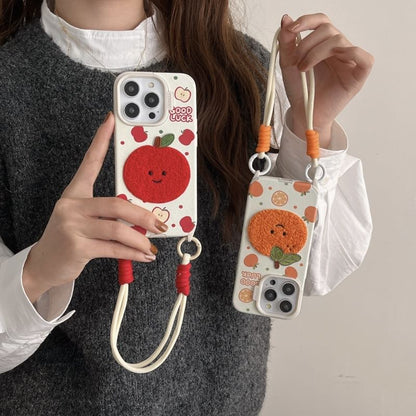 Fruit Embroidered Strap Phone Case - iPhone 16 Pro Max / 16 Pro / 16 Plus / 16 / 15 Pro Max / 15 Pro / 15 Plus / 15 / 14 Pro Max / 14 Pro / 14 Plus / 14 / 13 Pro Max / 13 Pro / 13 / 13 Mini