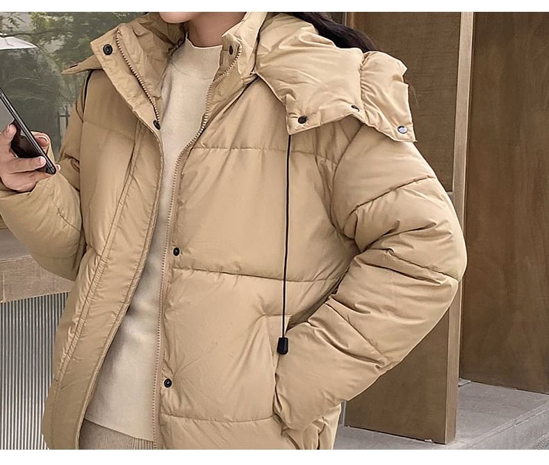 Stand Collar Plain Hood Zip Puffer Jacket