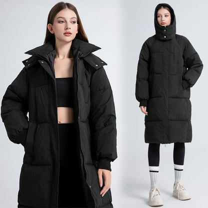 Stand Collar Plain Hood Midi Zip Puffer Coat