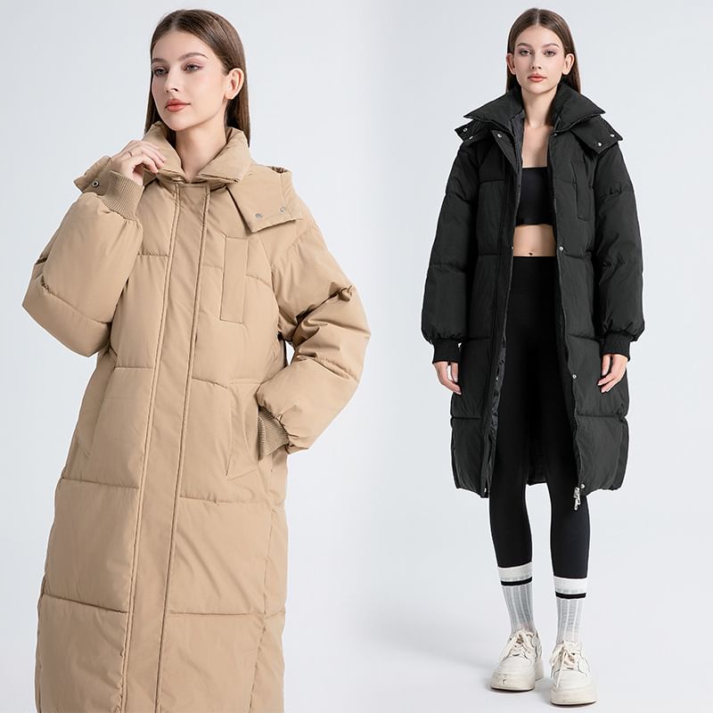 Stand Collar Plain Hood Midi Zip Puffer Coat